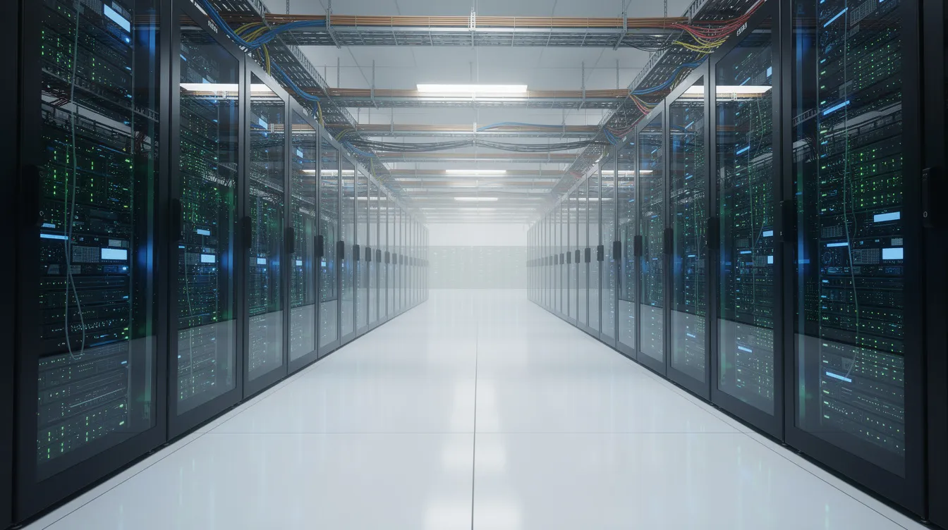 Modern data center featuring long rows of servers illuminated by vibrant blue and green LED lights