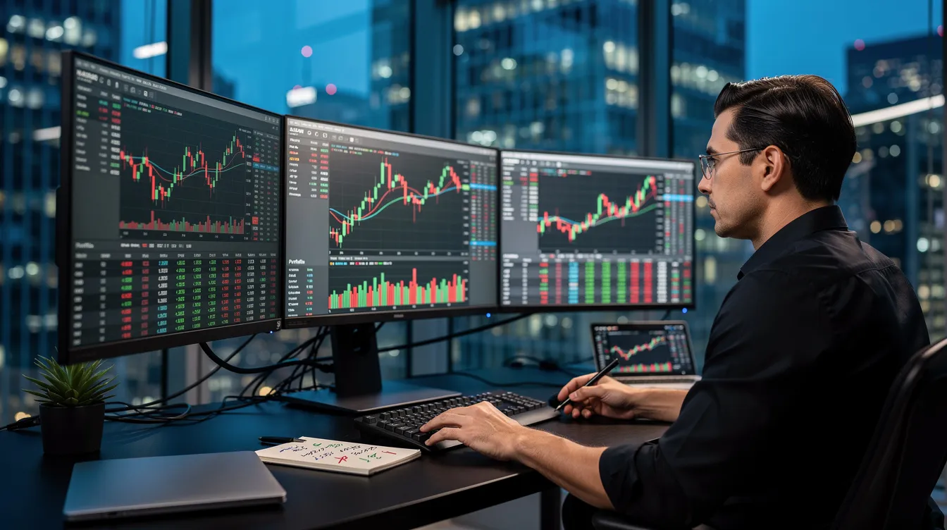 Person in a modern office intently analyzing stock charts displayed on multiple computer monitors