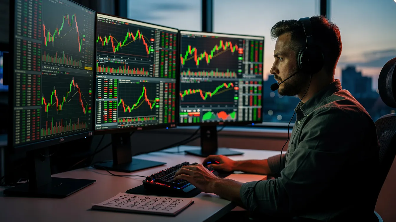 Trader at a desk surrounded by multiple screens displaying vibrant financial charts and market data